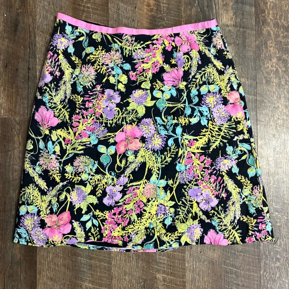Rafaella Black A-Line Skirt with Pink, Purple & Yellow Floral Print